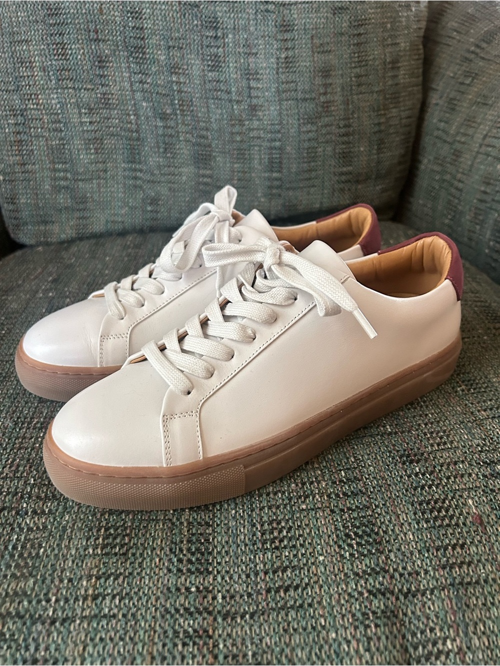 Thursday Everyday White Leather Low-Top Sneakers with Tan gum Sole. 9